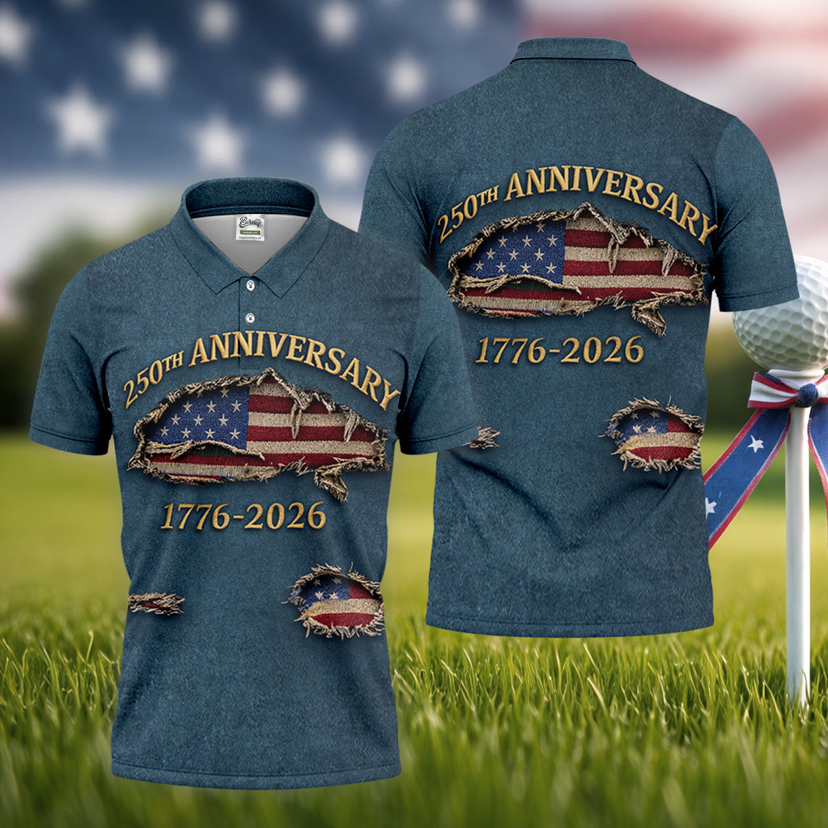 Patriotic American Flag 250th Anniversary Blue Denim Color Ripped Effect Golf Shirts For Men, Polo ShirtFor Men