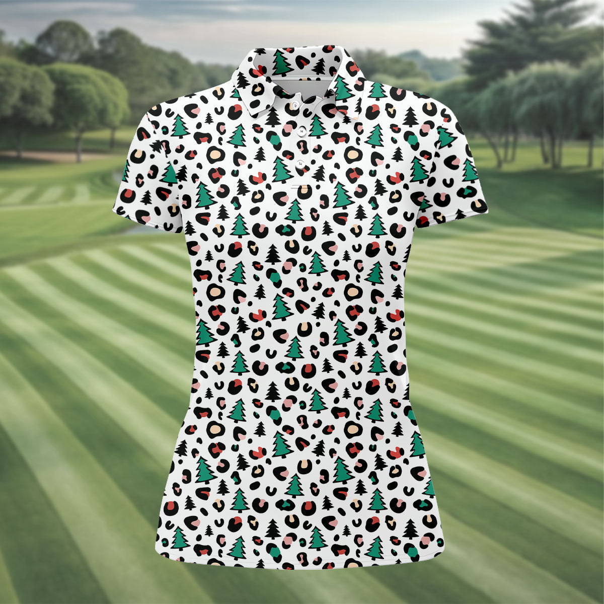 Leopard Pattern Xmas Pine Tree Women's Golf Shirts, Christmas Golf Shirt, Cute Golf Outfit, Ladies Golf Polos