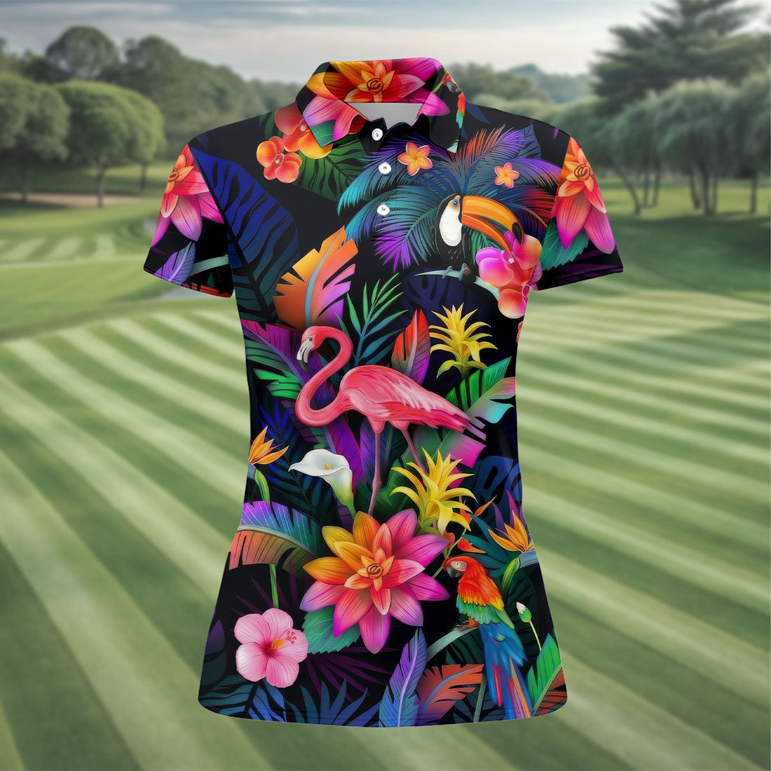 Colorful Tropical Birds And Flamingo Golf Shirt, Golf Polo For Women, Printed Golf Shirt