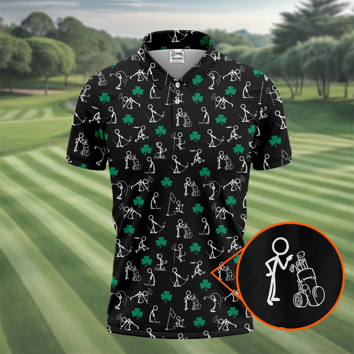 Stick Figure Golf Pose St Patrick's Day Shamrock Black Golf Shirt, Polo ShirtFor Men, Golf Shirts For Men