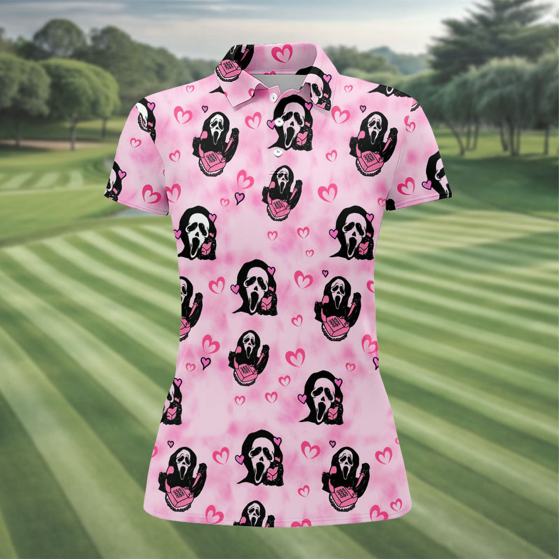 Pink Cute Ghost Caller Heart Pattern Halloween Golf Polo Shirt, Golf Shirts For Women