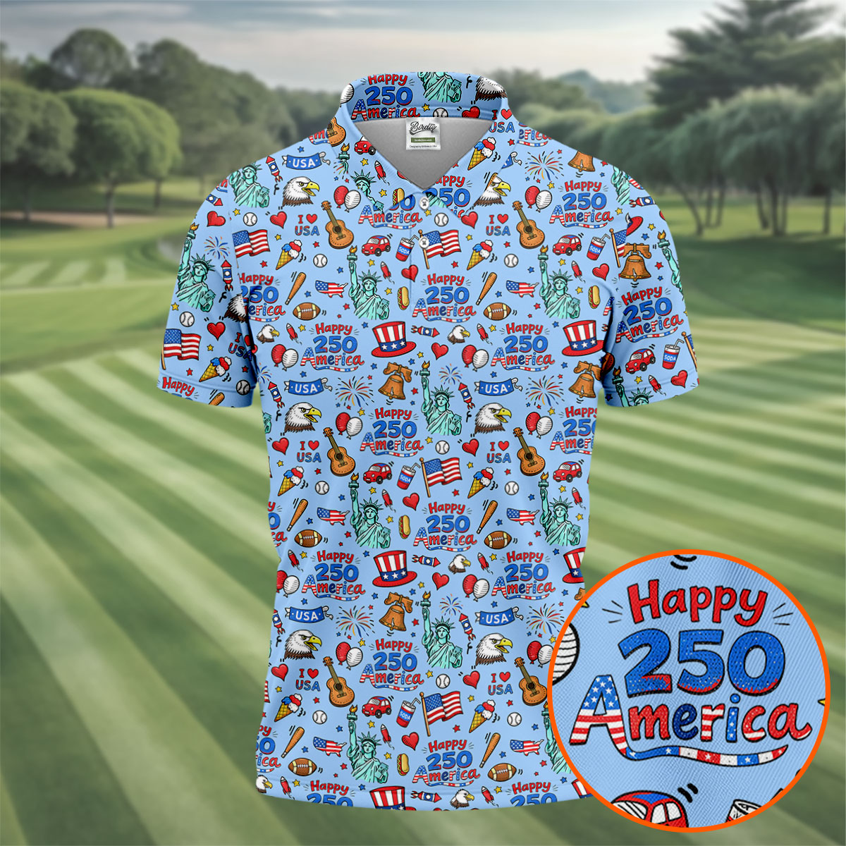 Happy 250 America Independence Celebration Blue Golf Shirt, Patriotic 4th Of July Golf Shirts For Men