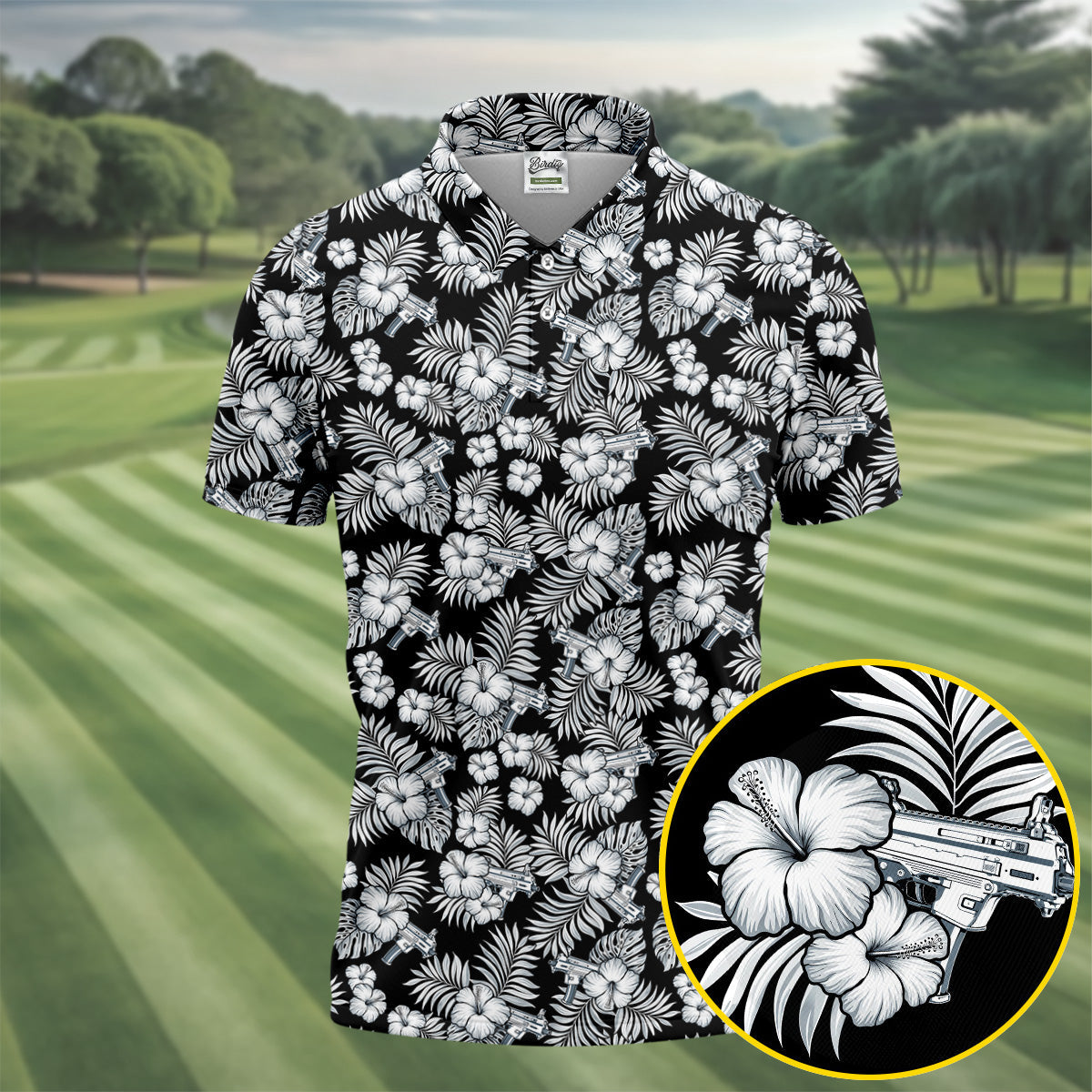 Black And White Pattern Tropical Hawaiian Golf Shirt, Summer Theme Golf Shirts For Men