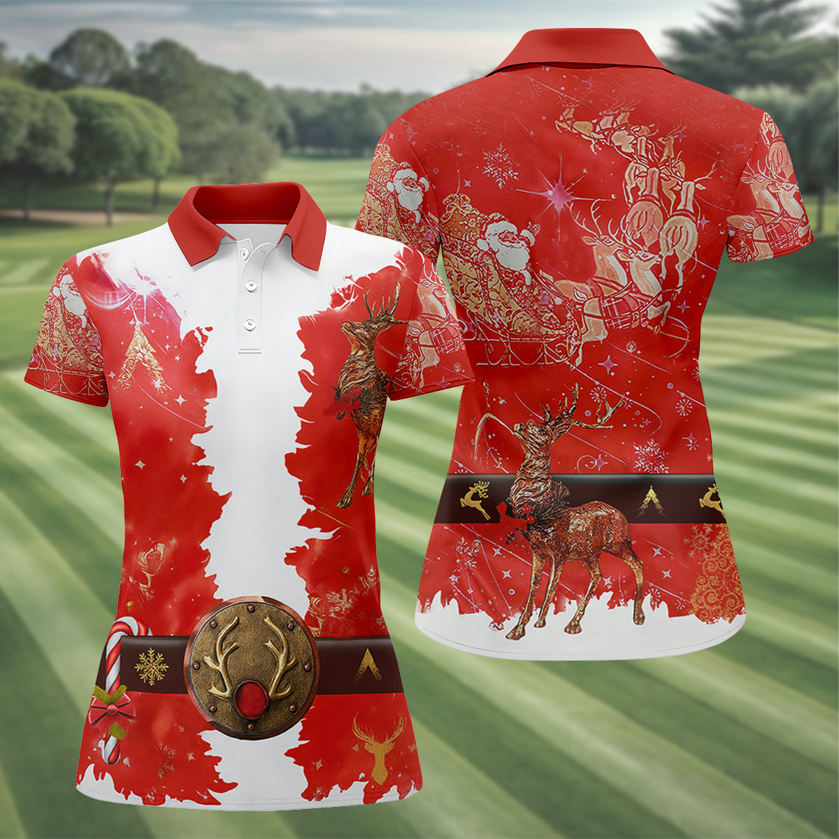 Santa Claus Christmas Print Fun Women's Golf Shirts, Cute Golf Outfit, Ladies Golf Shirts, Golfing Apparel