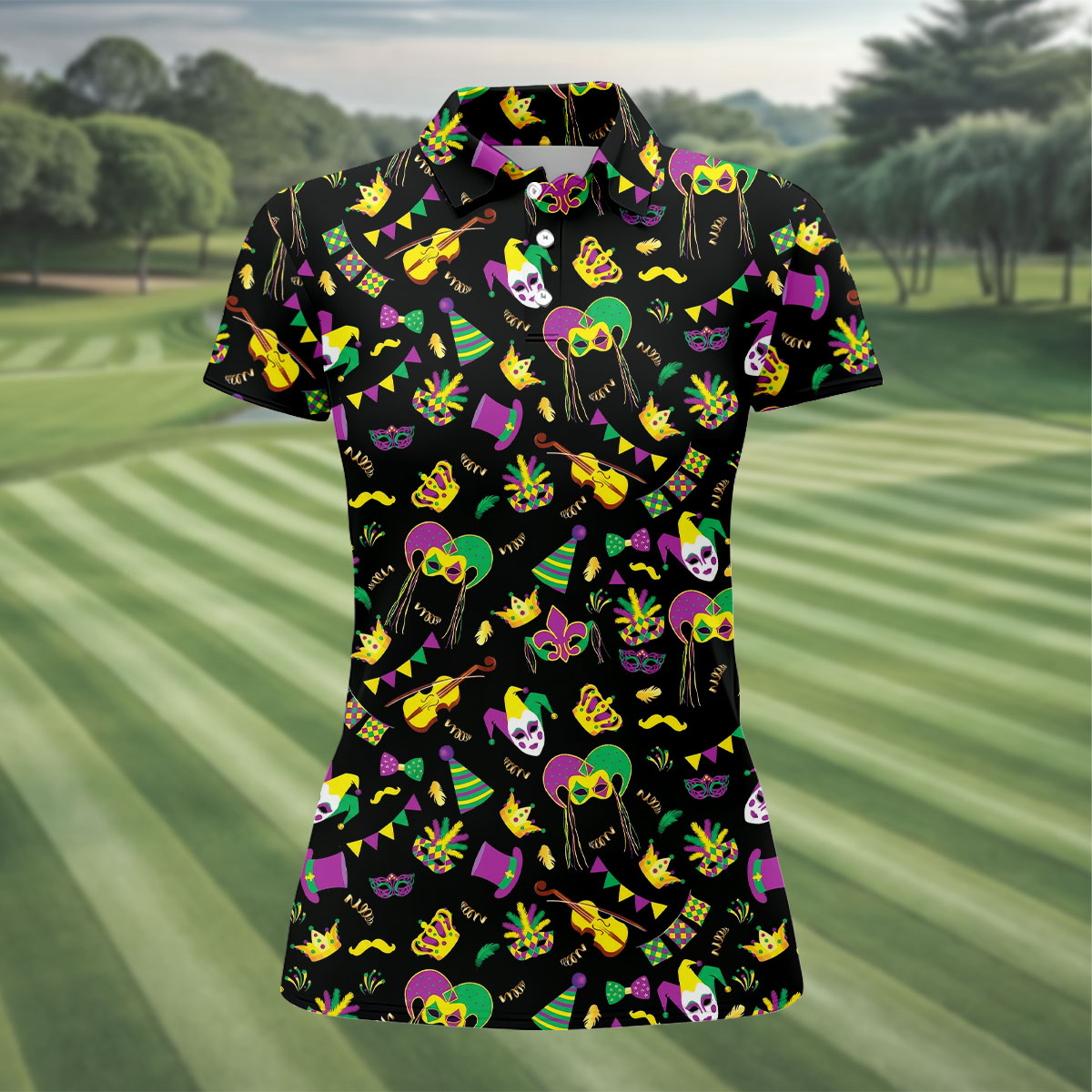 Festive Mask Purple Green Gold Mardi Gras Golf Shirt, Women's Golf Tops, Ladies Golf Polos