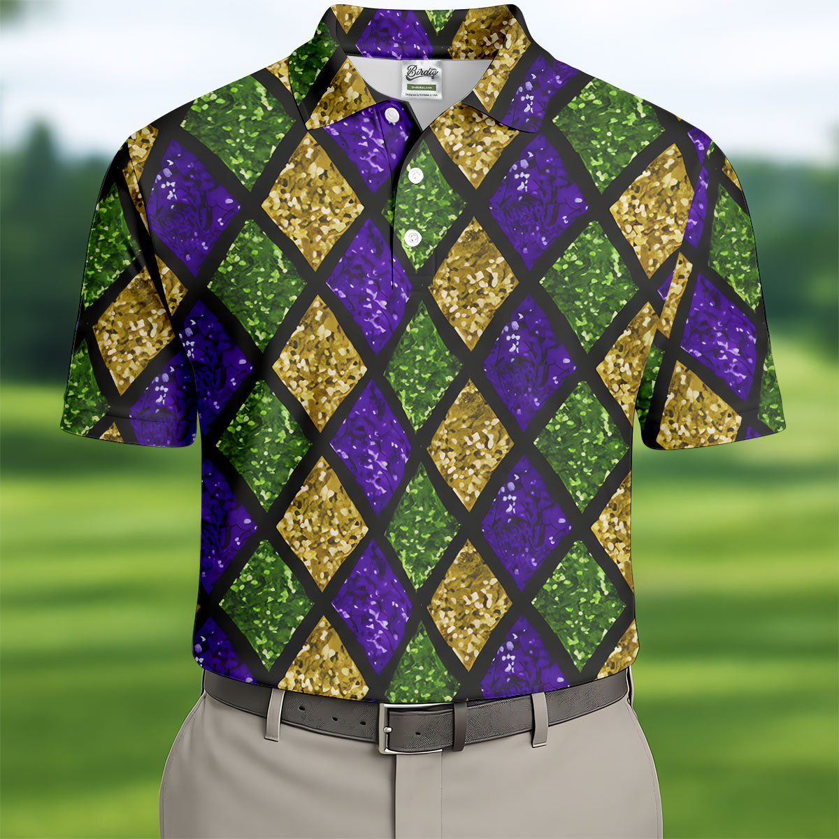 Green Purple Gold Argyle Pattern Sparkling Effect Mardi Gras Golf Shirt, Polo ShirtFor Men, Golf Shirts For Men