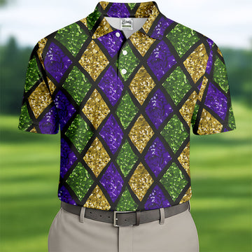 Green Purple Gold Argyle Pattern Sparkling Effect Mardi Gras Golf Shirt, Polo ShirtFor Men, Golf Shirts For Men