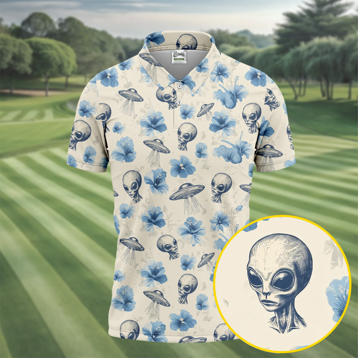 Funny Alien Blue Hibicus Tropical Theme Hawaiian Golf Shirt, Polo ShirtFor Men, Golfing Apparel