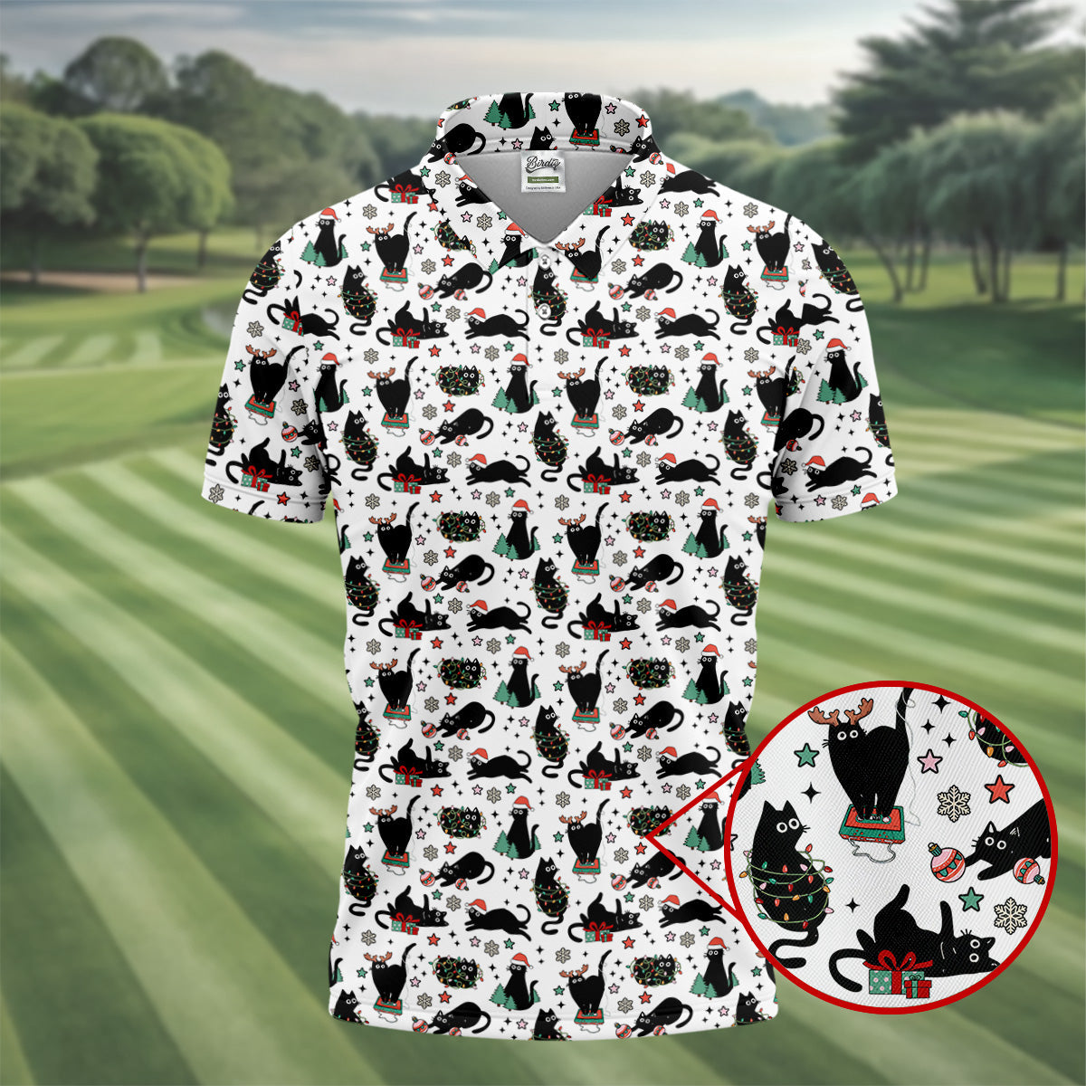 Xmas Black Cat Polo Shirtor Men, Christmas Golf Shirt, Golf Gift For Men, Christmas Golf Shirt