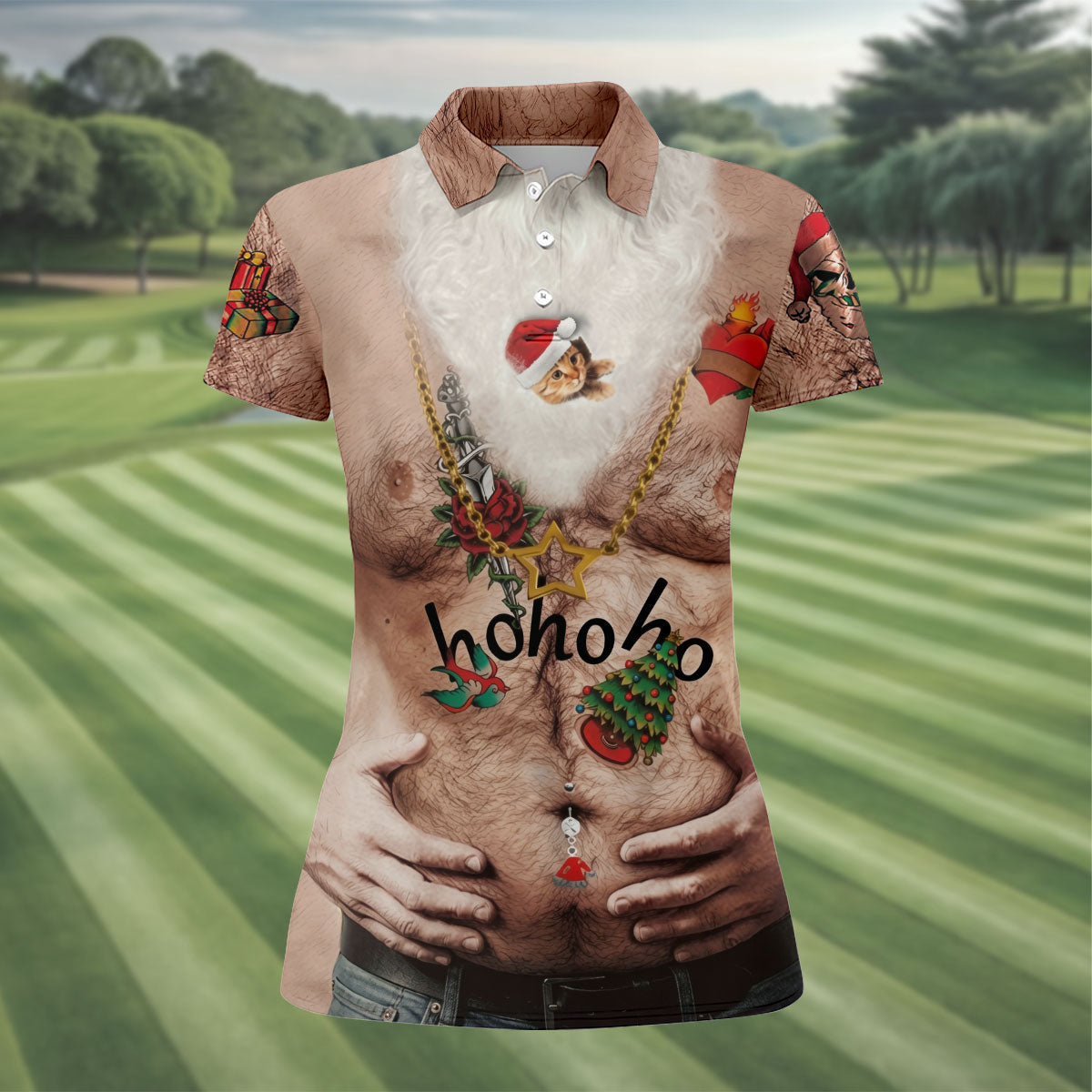 Women's Santa Beer Belly Costume Golf Shirt, Christmas Golf Shirt, Women’s Golf Apparel