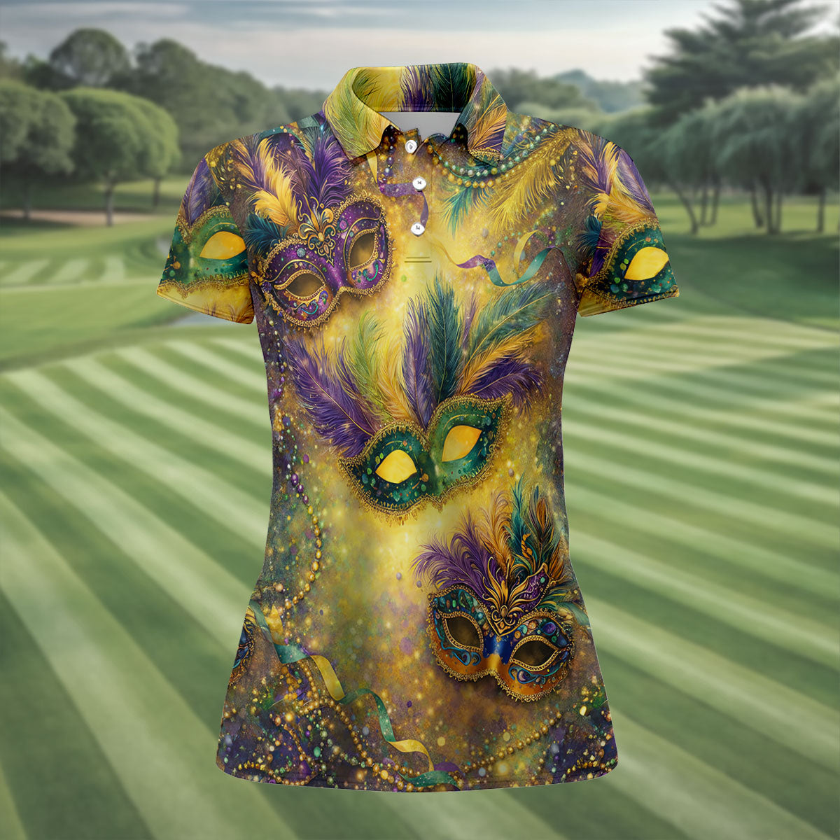 Masquerade Mask Beads Chain Sparkling Effect Mardi Gras Golf Shirt, Women's Golf Tops, Ladies Golf Shirts