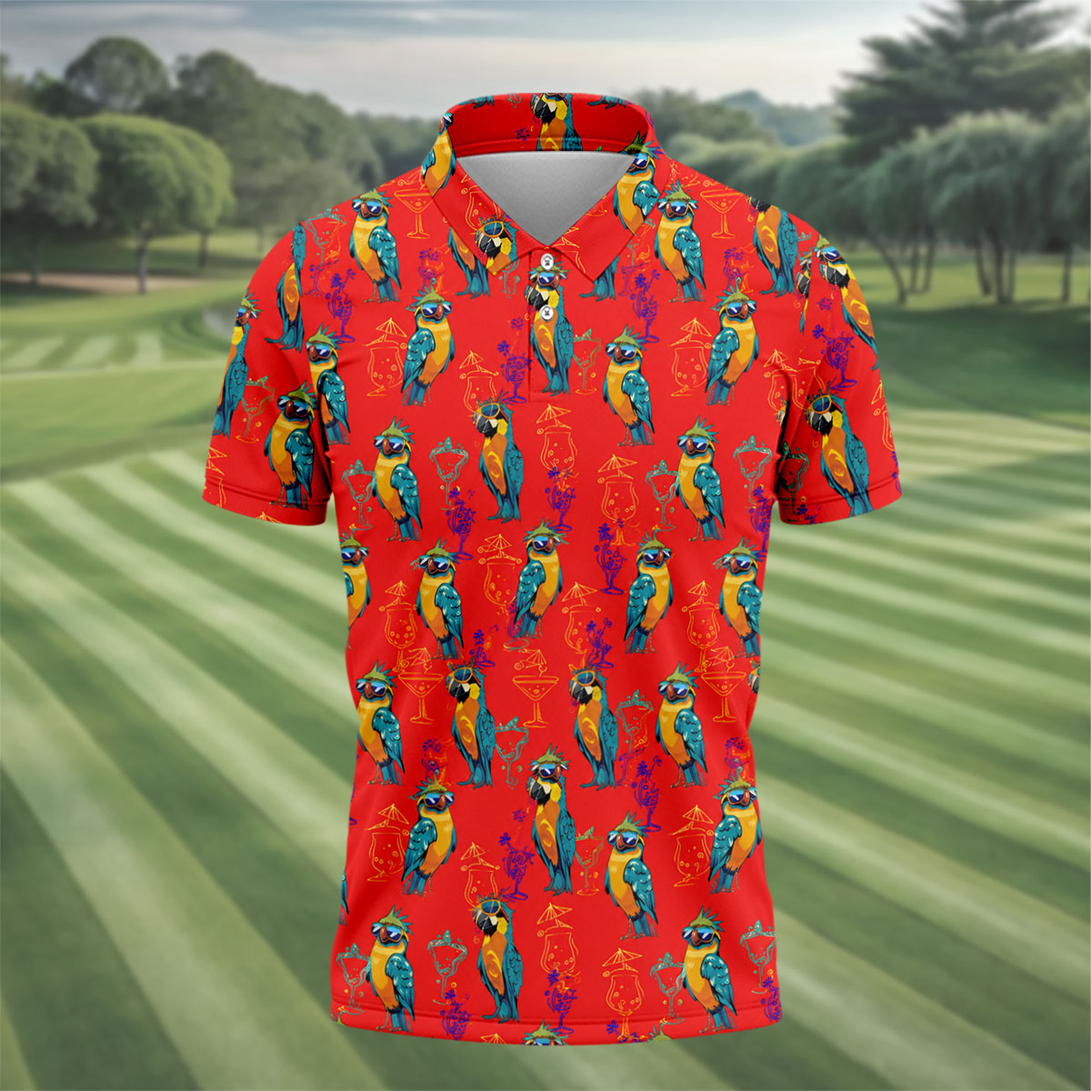 Red Parrot Sunglasses Cocktail Pattern Golf Shirt, Hawaiian Golf Shirt, Golf Shirts For Men, Mens Golf Apparel
