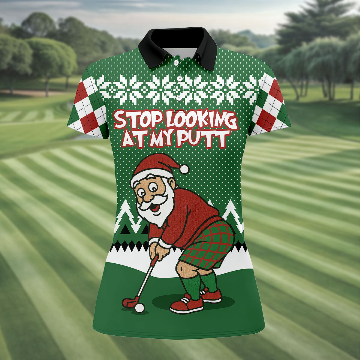 Stop Looking At My Putt Funny Santa Claus Argyle Golf Shirt, Christmas Golf Shirt, Women's Golf Tops