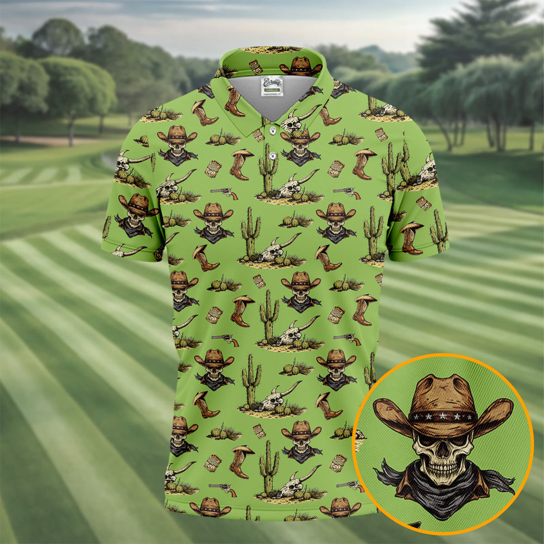 Cowboy Skeleton Longhorn Cow Skull Western Theme Sage Green Golf Tops For Men, Golf Shirts For Men
