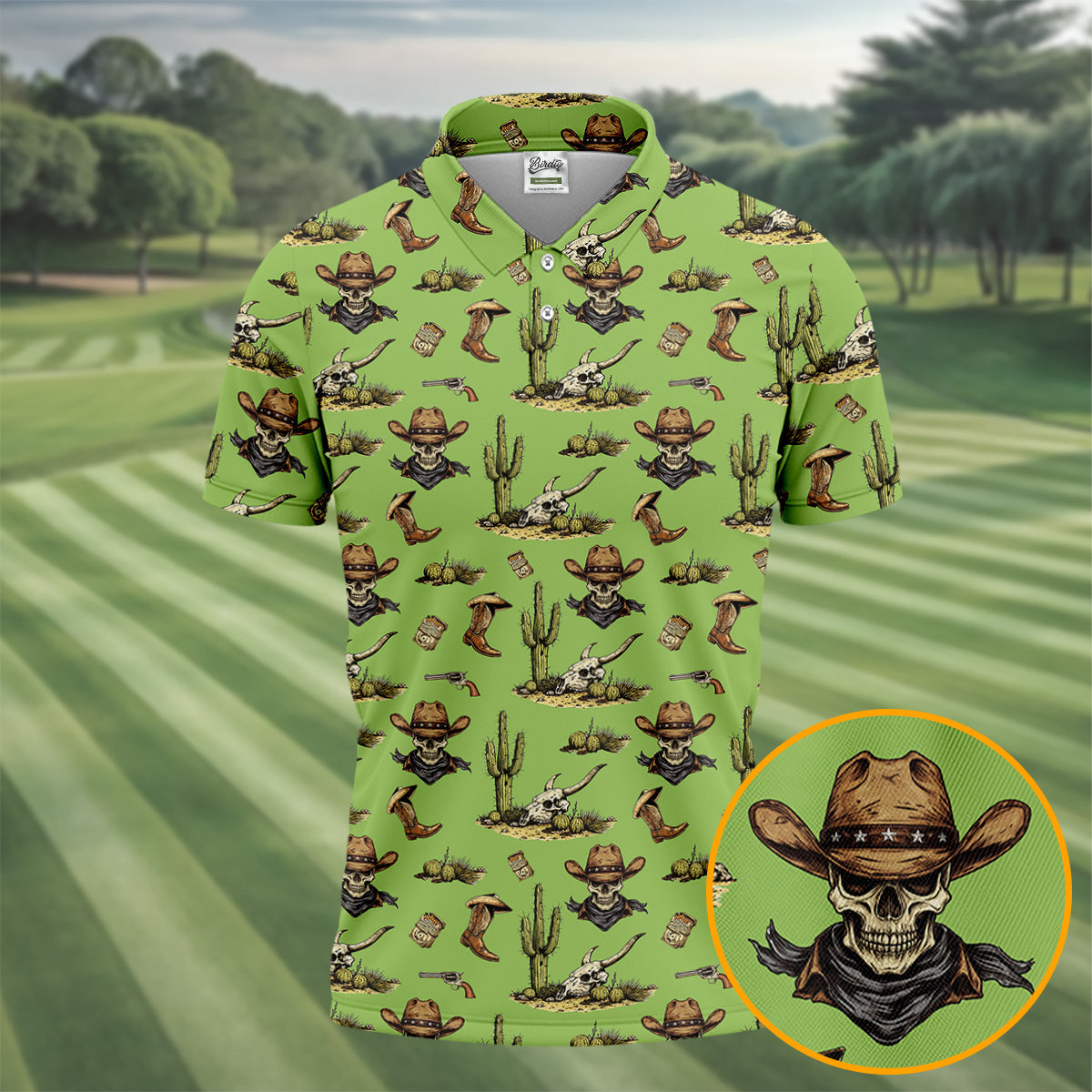Cowboy Skeleton Longhorn Cow Skull Western Theme Sage Green Golf Tops For Men, Golf Shirts For Men