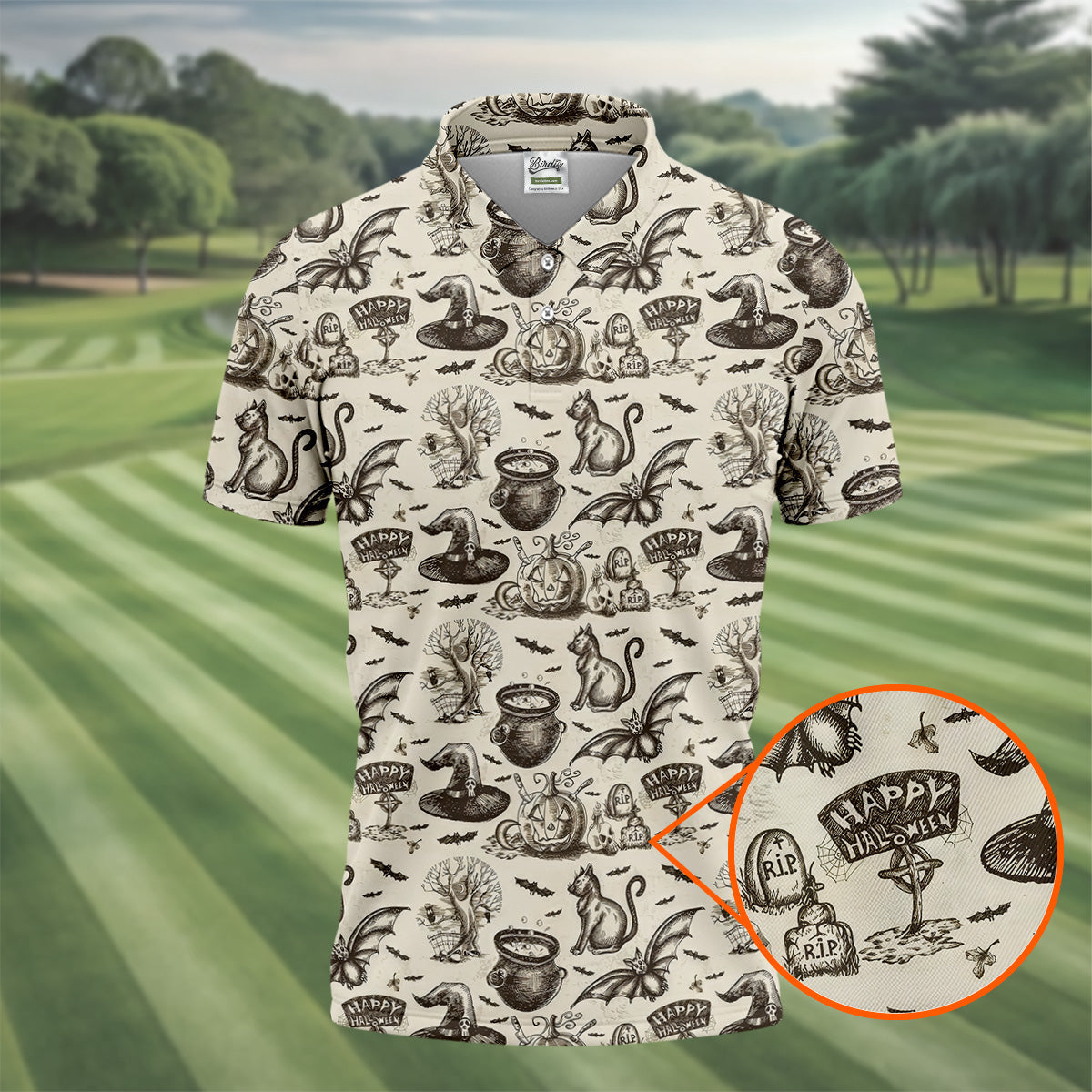 Halloween Witch Cat Pattern Men's Funny Golf Shirts, Unique Gift For Golfer, Polo For Men