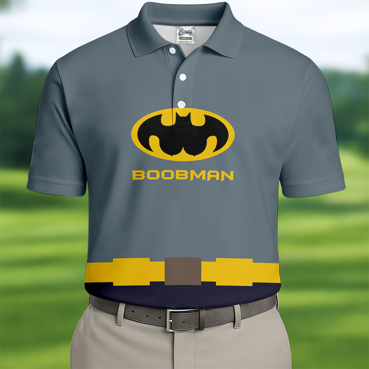 Boobman Comic Hero Logo Belt Golf Polo Shirt, Men's Polo Shirt, Funny Golf Apparel, Performance Golf Shirt