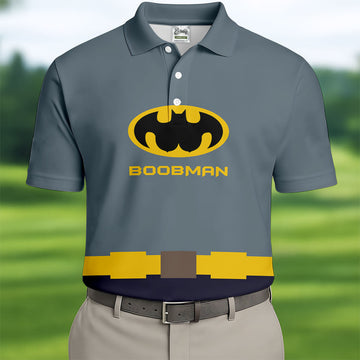 Boobman Comic Hero Logo Belt Golf Polo Shirt, Men's Polo Shirt, Funny Golf Apparel, Performance Golf Shirt