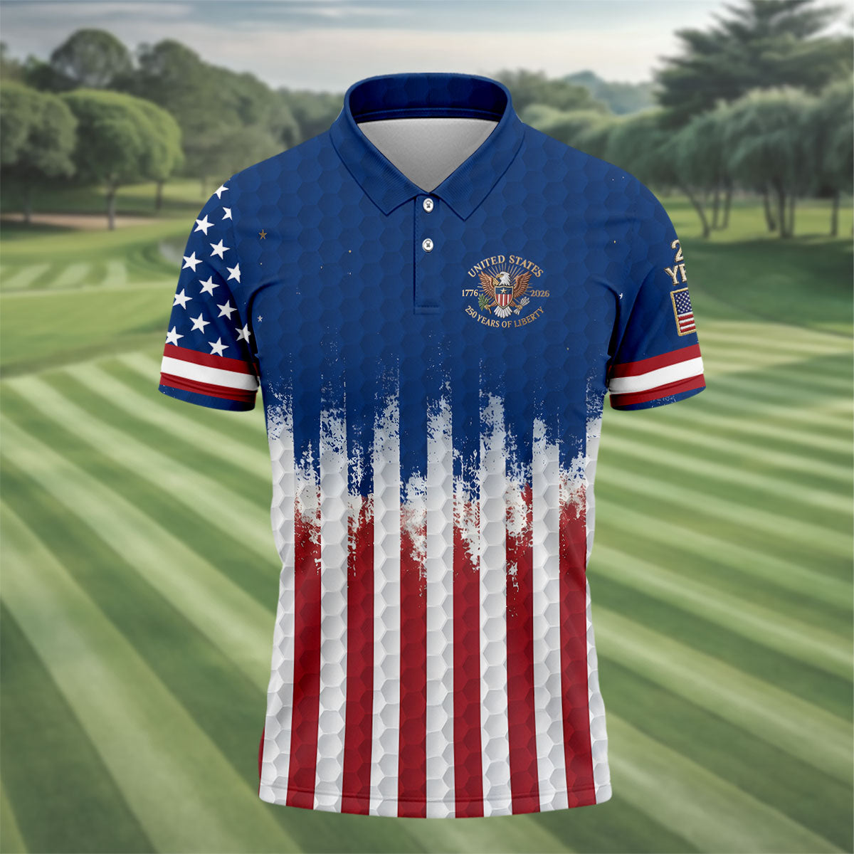 250 Years Of Liberty Distressed American Flag Golf Shirt, Patriotic 4th Of July Golf Shirts For Men