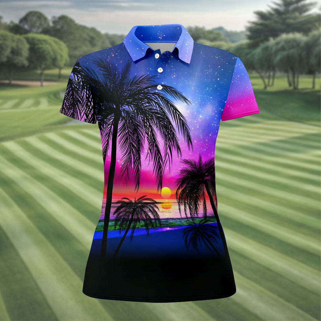 Palm Tree Sunset Beach Golf Shirt, Women’s Golf Polo, Golf Shirts For Women, Printed Golf Shirt