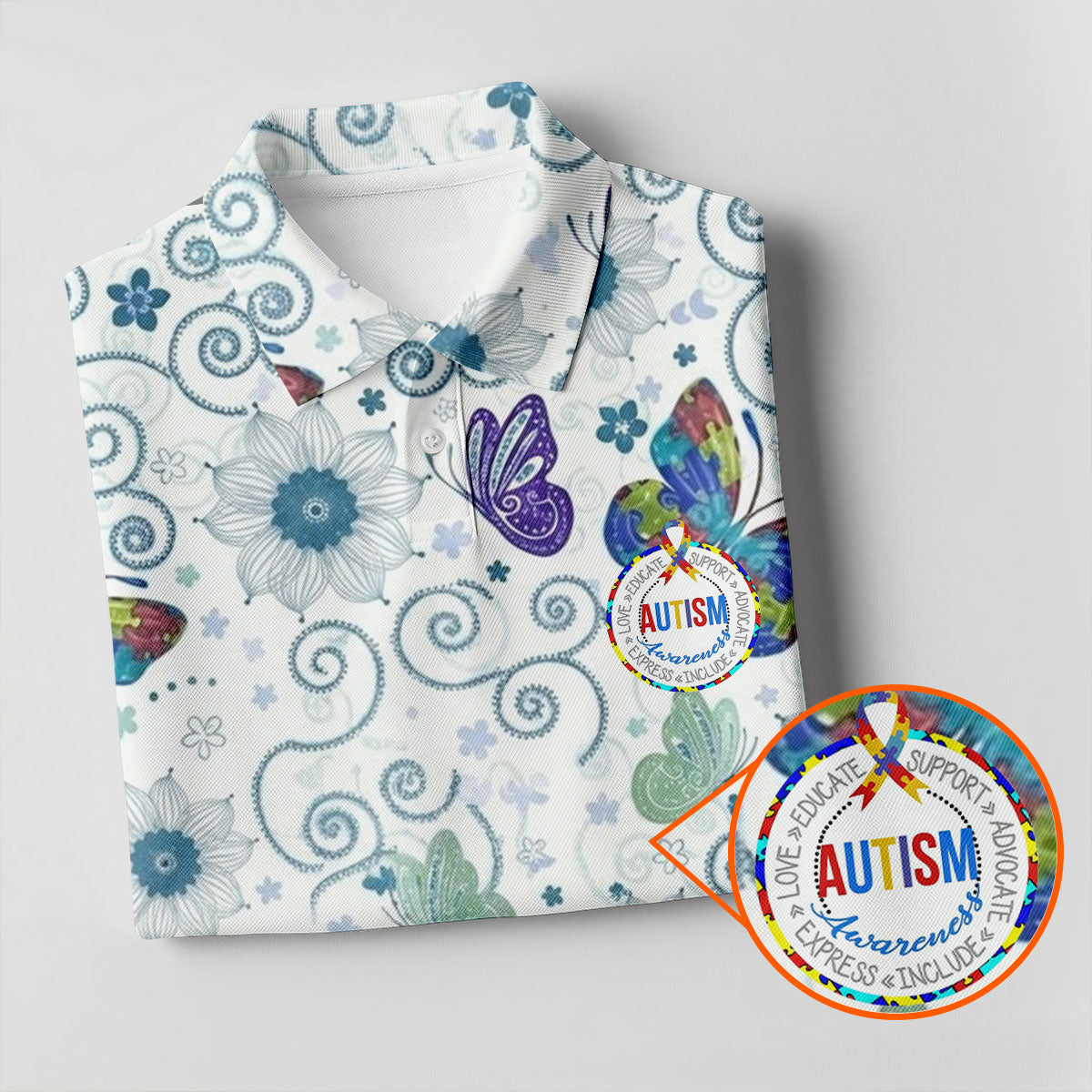 Autism Awareness Flower And Butterfly Puzzle Ribbon Golf Shirt For Women, Ladies Golf Polos