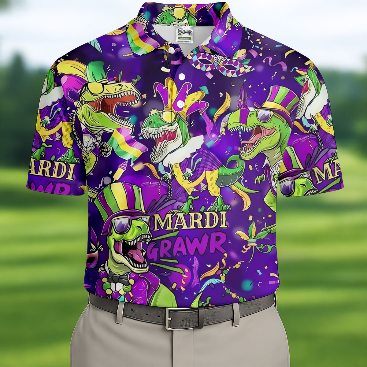 Mardi Grawr Purple Green Gold Funny Dinosaur Mardi Gras Golf Shirt, Golf Shirts For Men, Polo ShirtFor Men