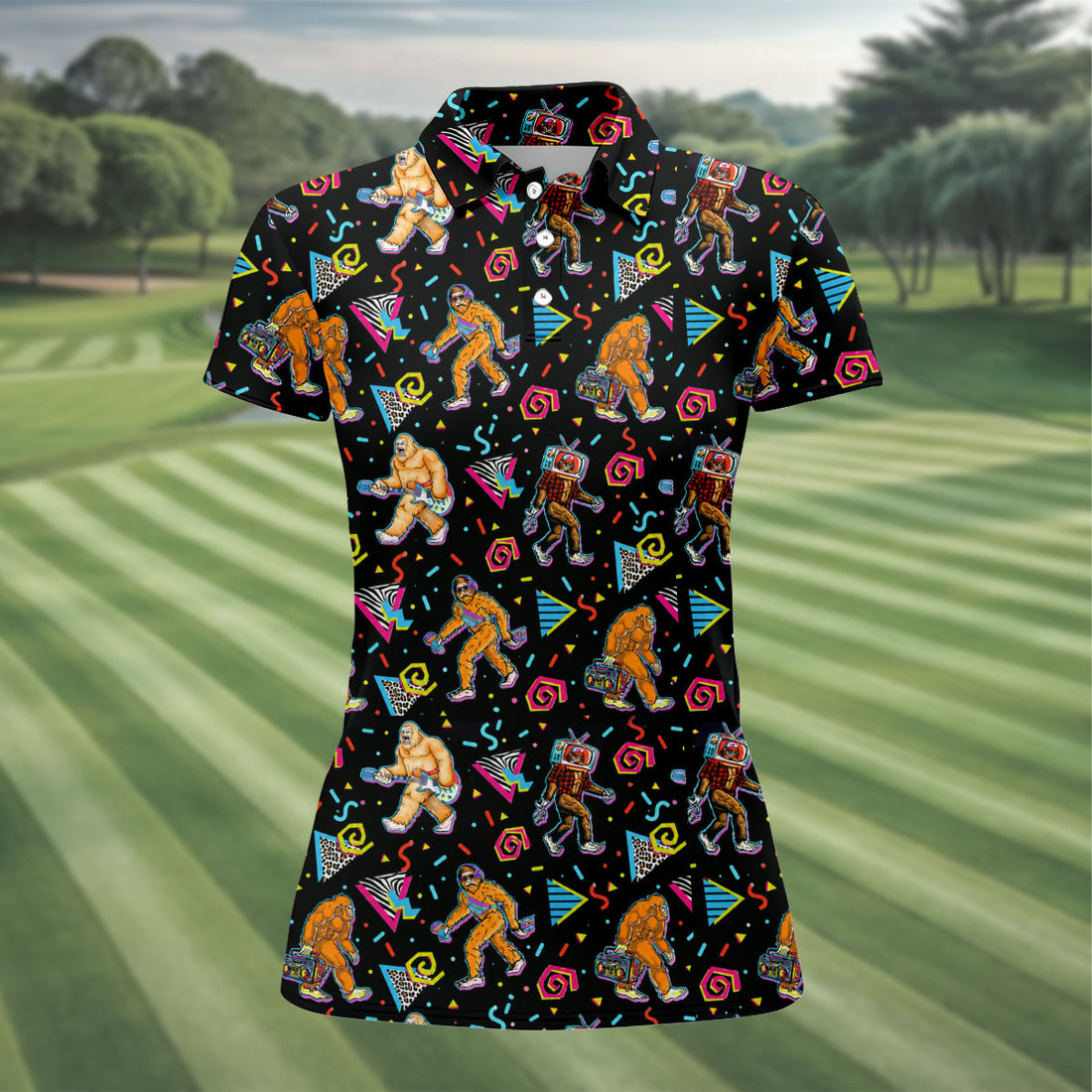 Retro Bigfoot Boombox Pattern Golf Shirt, Women’s Golf Polo, Golf Shirts For Women, Printed Golf Shirt