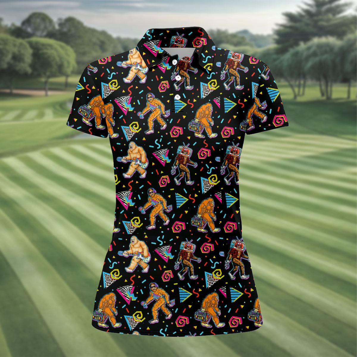 Retro Bigfoot Boombox Pattern Golf Shirt, Women’s Golf Polo, Golf Shirts For Women, Printed Golf Shirt