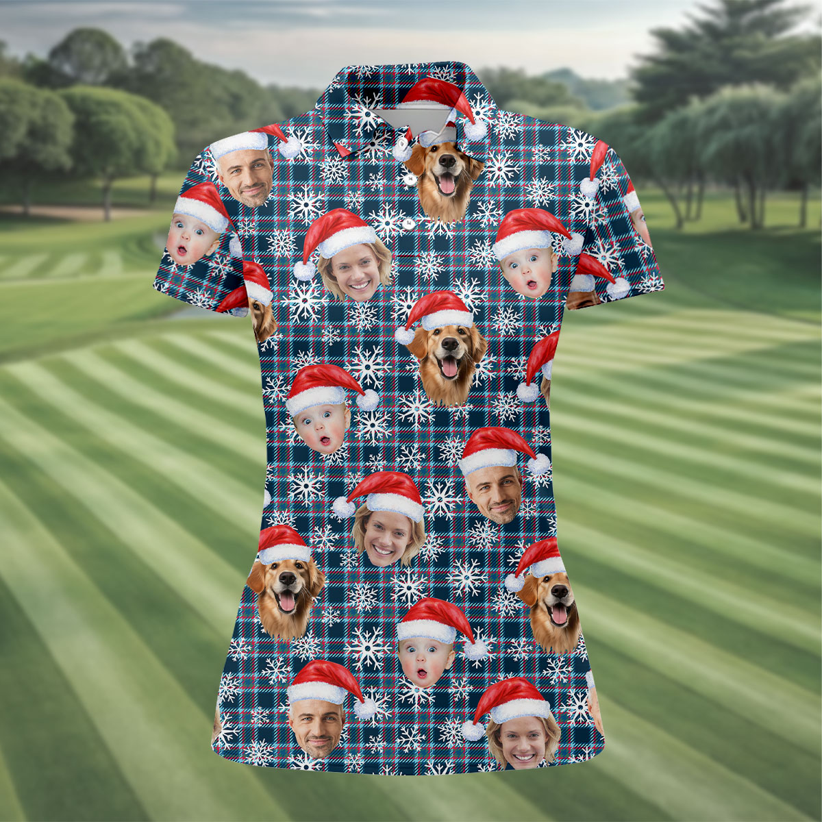 Custom Face Red And Blue Plaid Snowflakes Print Christmas Golf Shirt, Ladies Golf Tops, Golf Gifts For Women
