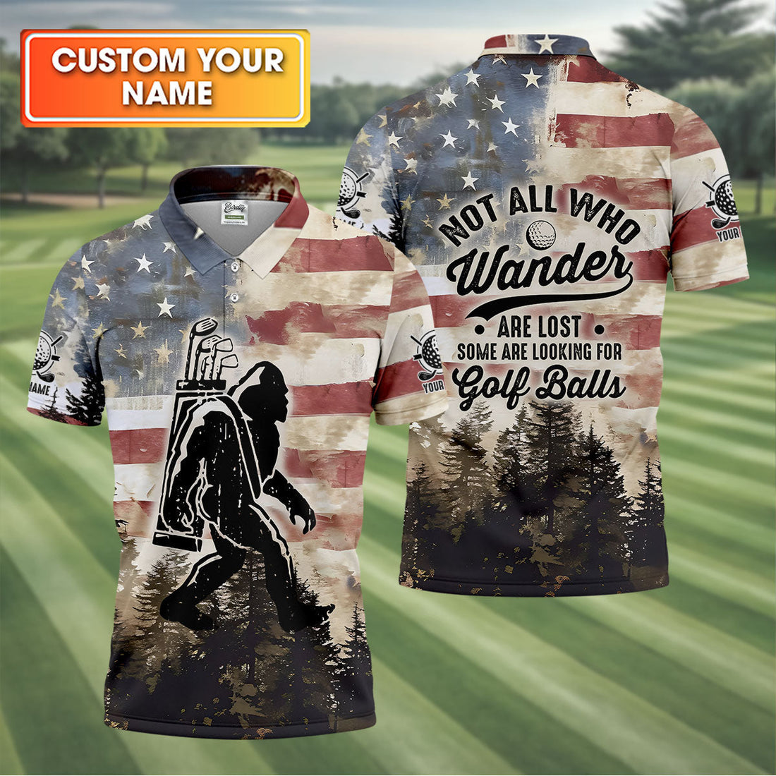 Patriotic Golf Polo Shirt Bigfoot Golf Shirt, Men's Long Seeve Golf Shirts, Golf Gifts For Men
