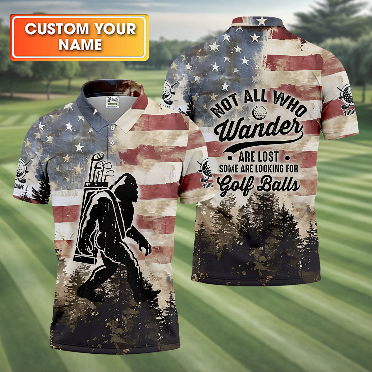 Patriotic Golf Polo Shirt Bigfoot Golf Shirt, Men's Long Seeve Golf Shirts, Golf Gifts For Men