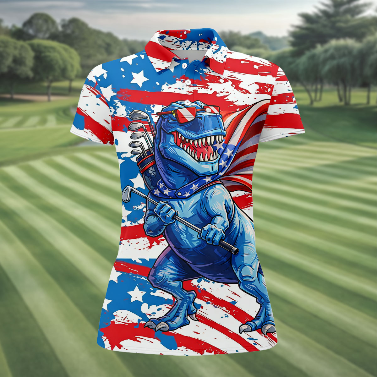 Funny Dinosaur USA Flag Print 250 Years Anniversary Golf Shirt For Women, 4th Of July Patriotic Golf Shirt