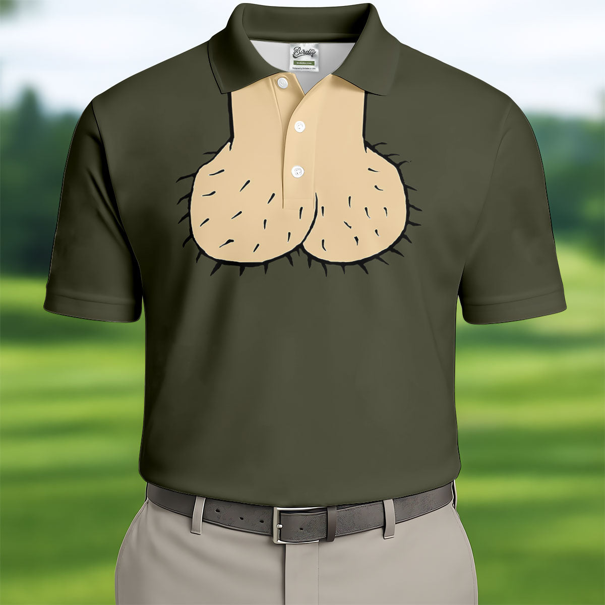 Olive Green Funny Dickhead Faux Chest Golf Shirt, Polo Shirts For Men, Golf Apparel For Men