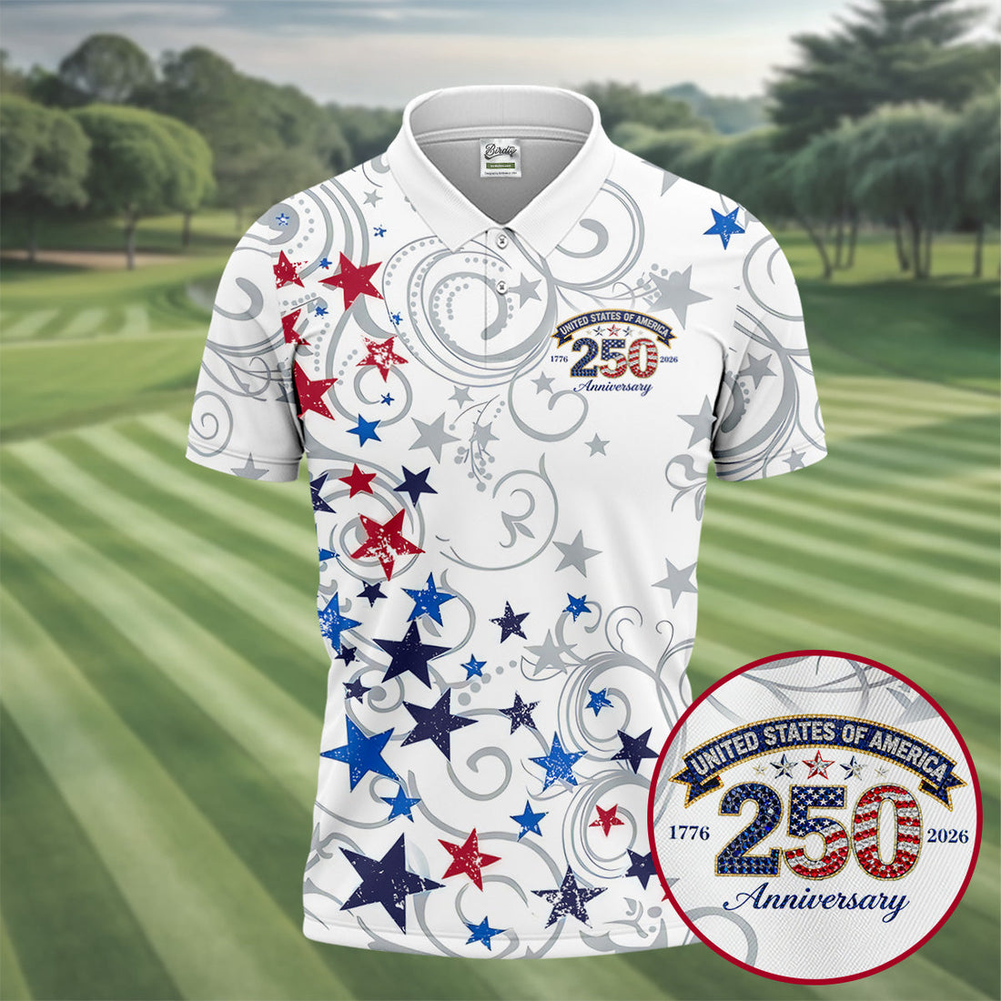 United States Of America 250 Anniversary Patriotic 4th Of July Golf Shirt, Red Blue Stars Golf Shirts For Men