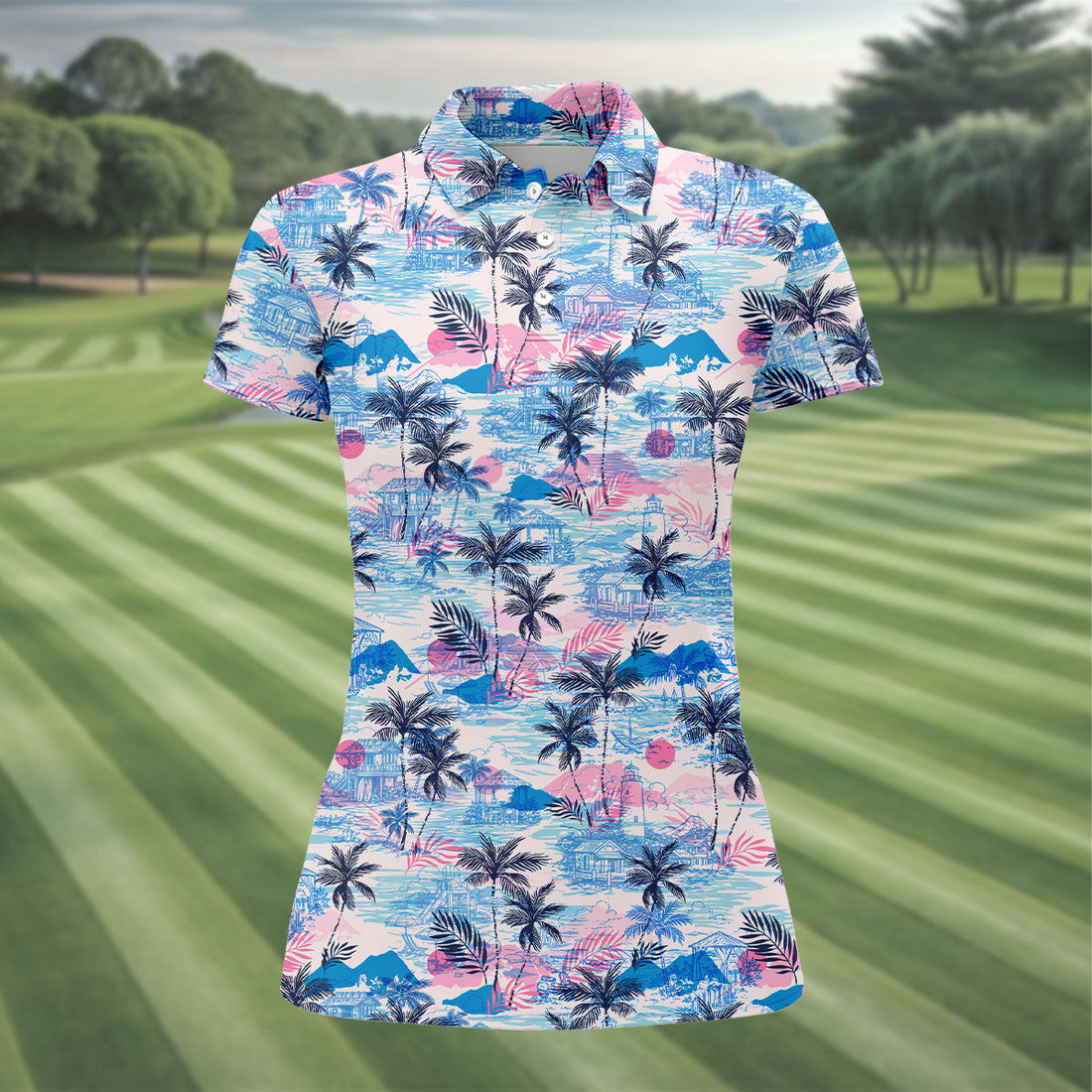 Tropical Island Sunset Pink And Blue Hawaiian Golf Shirt, Golf Shirt For Women, Golfing Apparel