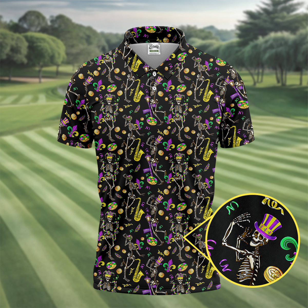 Dancing Skeleton Mardi Gras Fleur De Lis Black Golf Shirt, Polo ShirtFor Men, Golf Shirts For Men