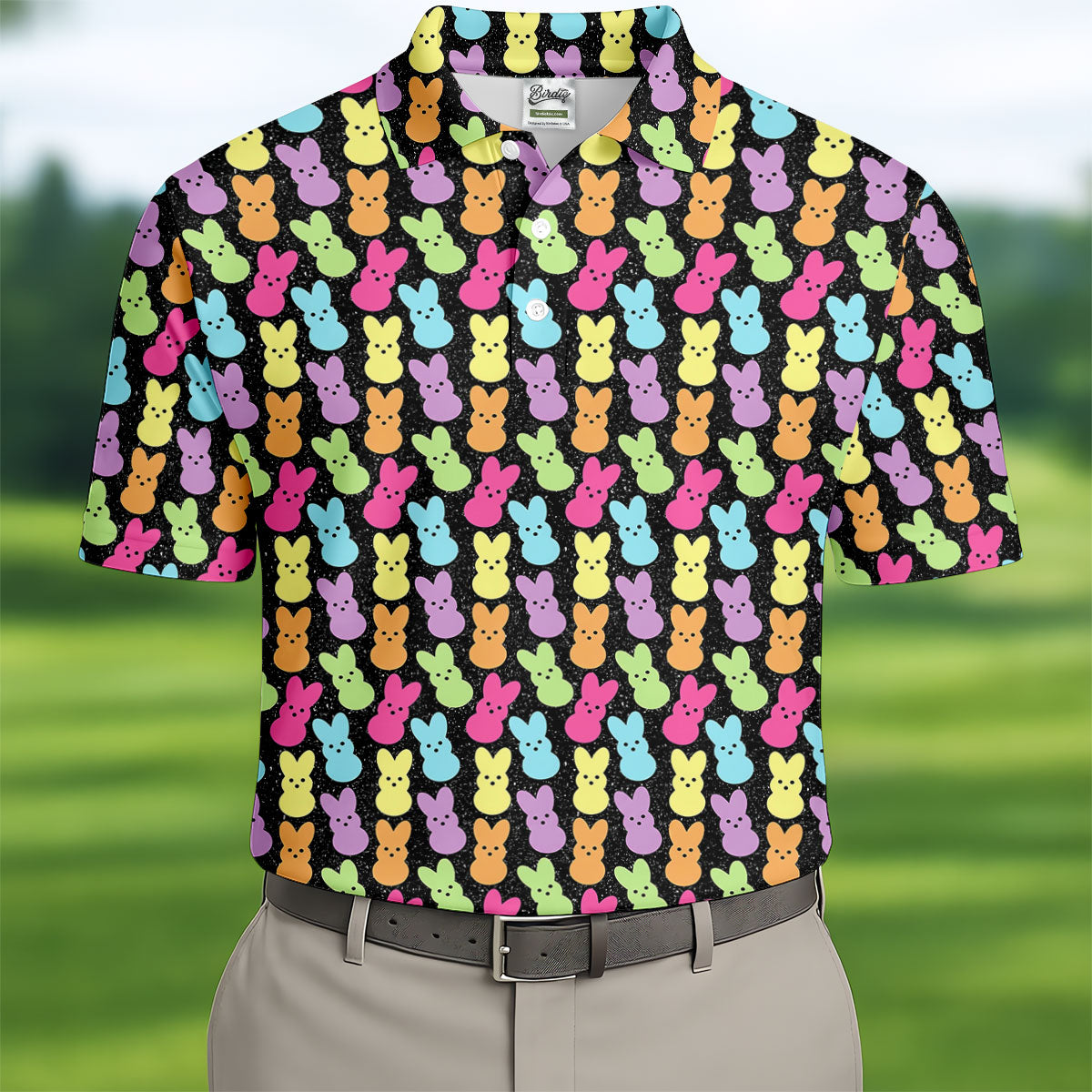 Colorful Easter Peeps Black Golf Shirt, Golf Shirts For Men, Cute Golf Outfit, Polo ShirtFor Men