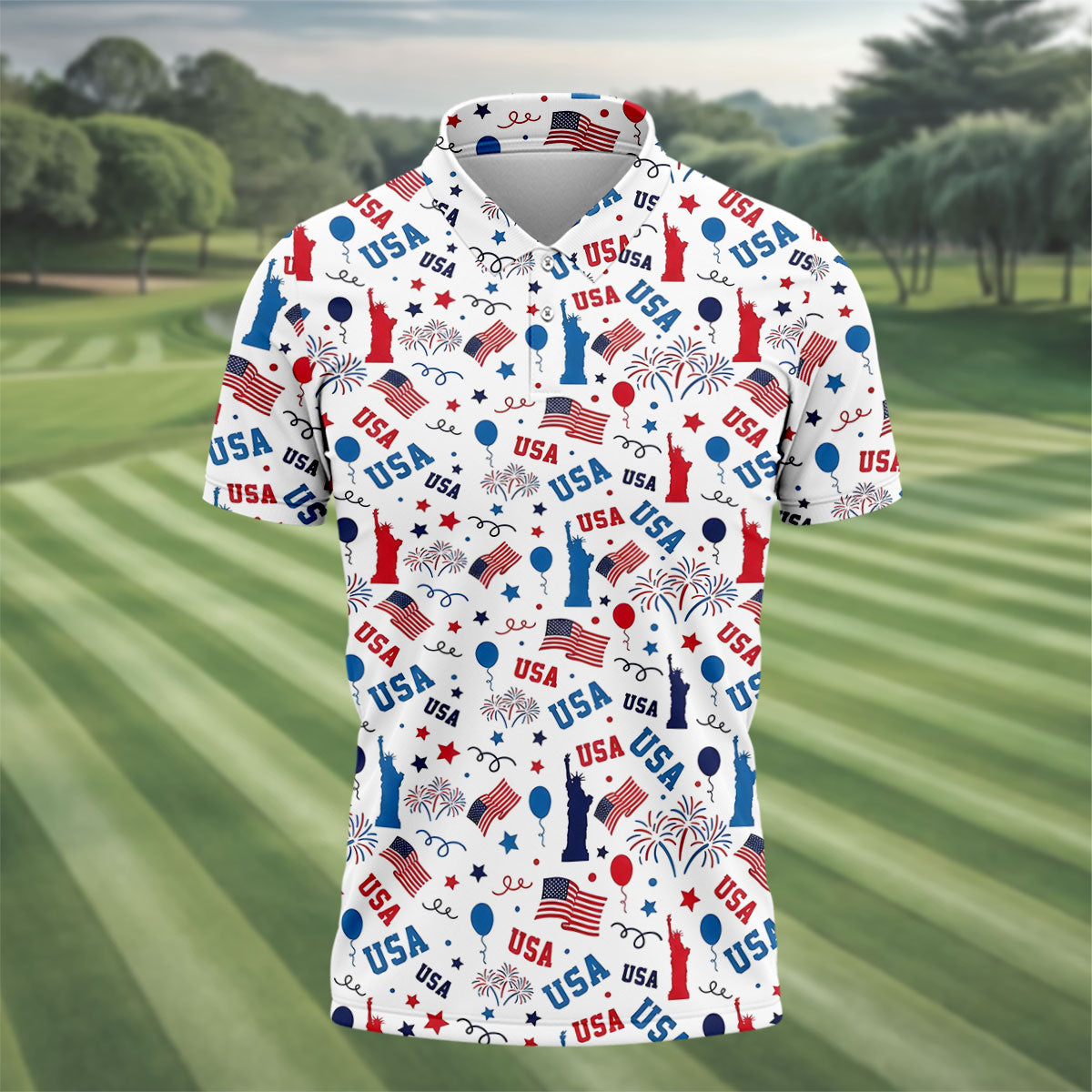 USA Red White Blue Seamless Pattern White Golf Shirt, 250th Anniversary Patriotic 4th Of July Golf Shirts For Men
