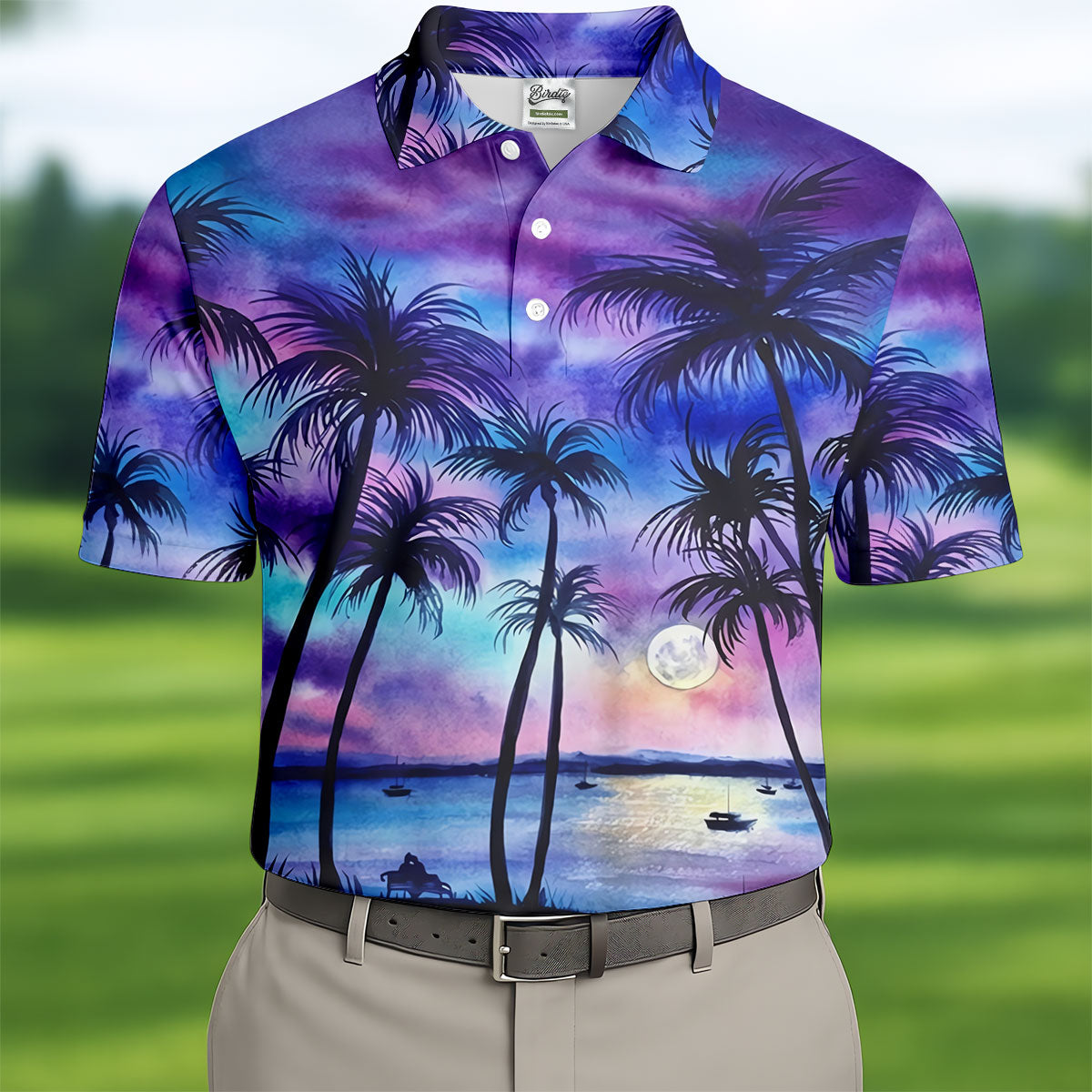 Moonlit Tropical Beach Palm Tree Design Hawaiian Golf Shirt, Golf Shirts For Men, Polo Shirts For Men