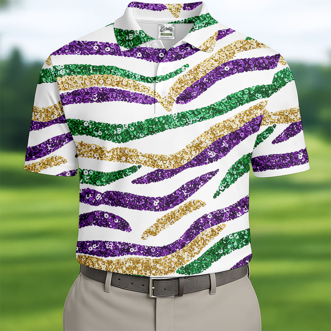 Purple Green Gold Sequin Pattern White Mardi Gras Golf Shirt, Polo ShirtFor Men, Golf Shirts For Men