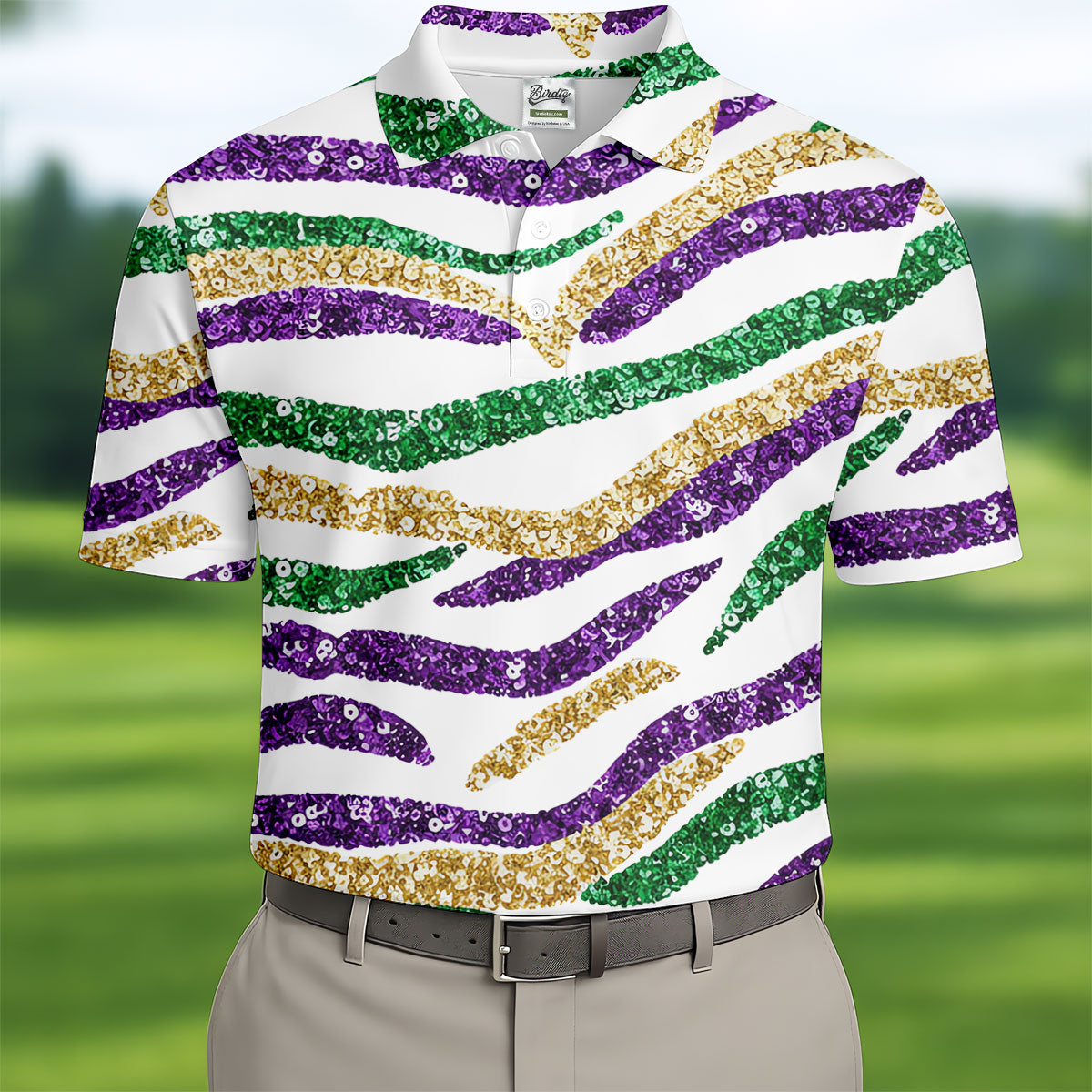 Purple Green Gold Sequin Pattern White Mardi Gras Golf Shirt, Polo ShirtFor Men, Golf Shirts For Men