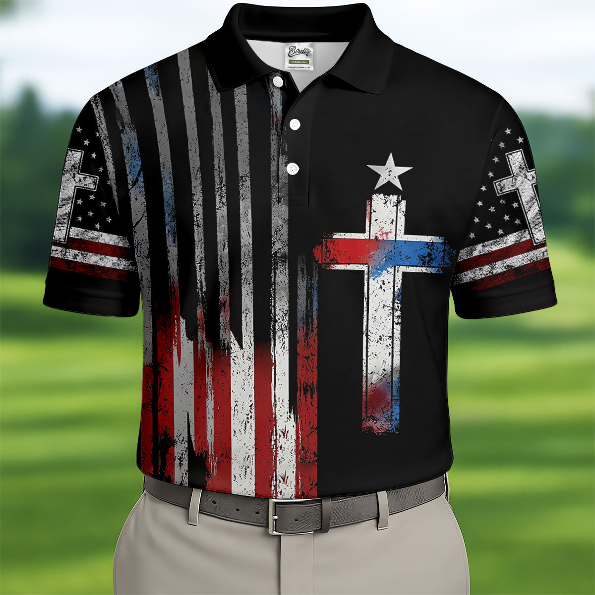 Faith Cross US Flag Golf Shirt, 250 Years Retro Golf Shirt, Patriotic 4th Of July Polo Shirt Men