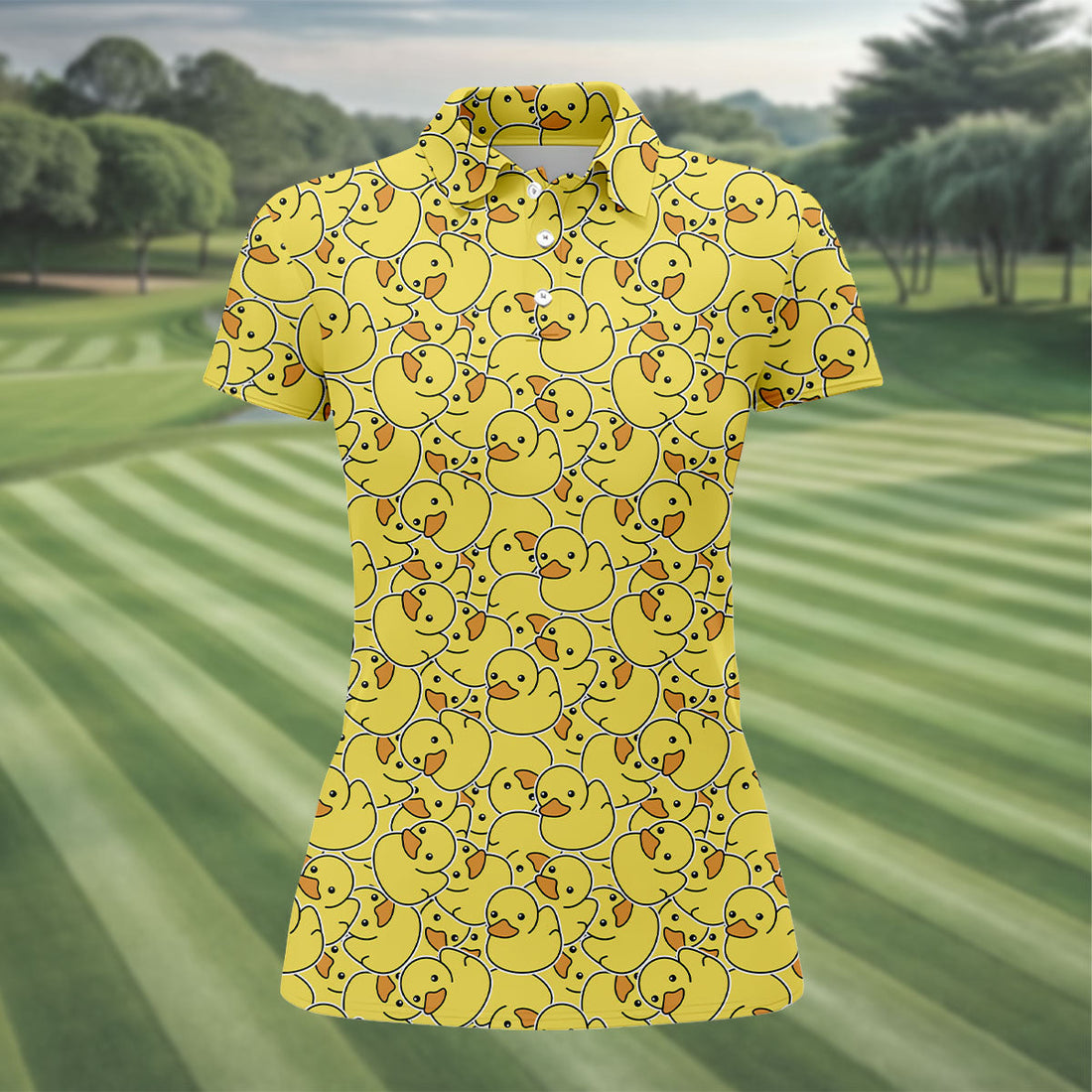 Cute Yellow Rubber Duck Pattern Golf Shirt, Hawaiian Golf Shirt, Golf Tops For Women, Printed Golf Shirt