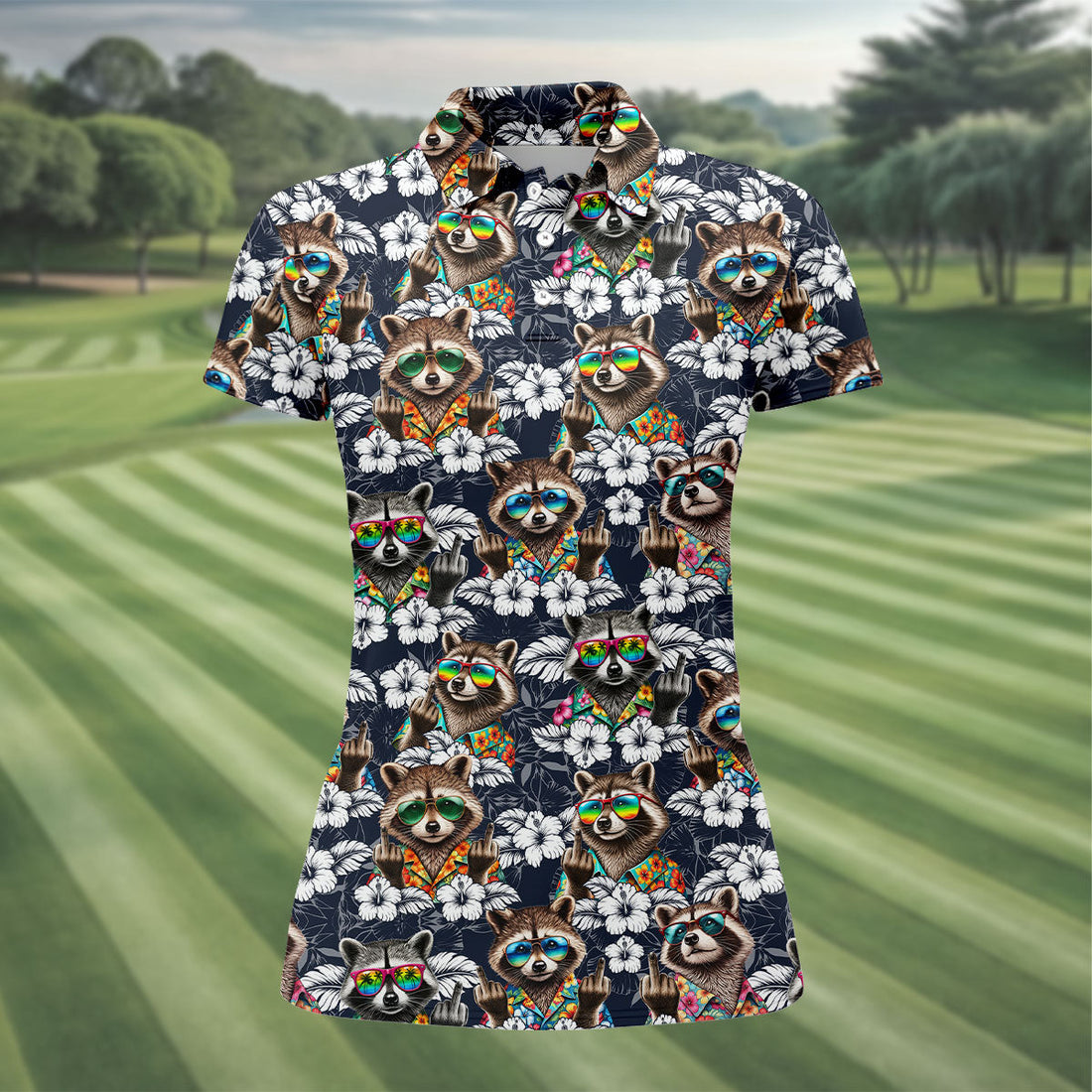 Cool Raccoon Sunglasses Tropical Golf Shirt, Funny Golf Shirt, Women's Golf Shirt, Golf Polo For Women