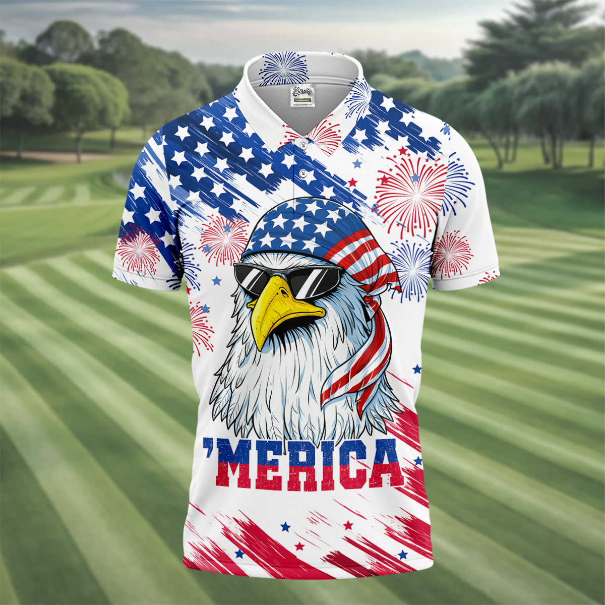 Cool Bald Eagle 4th Of July American Flag Pattern Golf Shirts For Men, 250th Anniversary Patriotic Golf Shirt