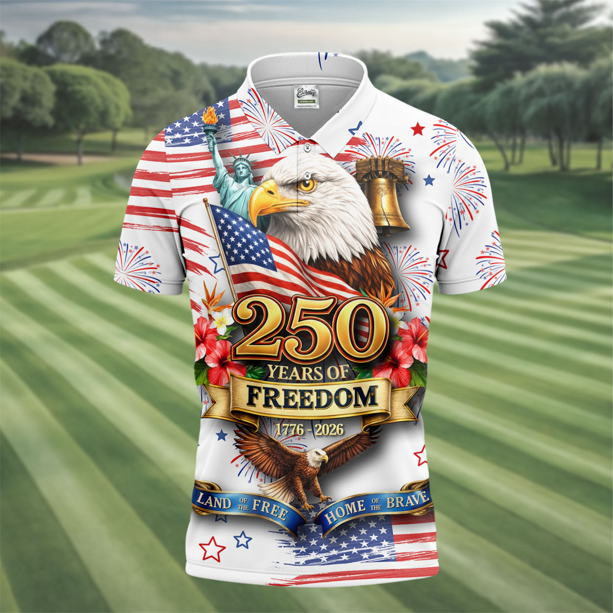 250 Years Of Freedom 1776-2026 White 4th Of July Golf Shirts For Men, 250th Anniversary Patriotic Golf Shirt