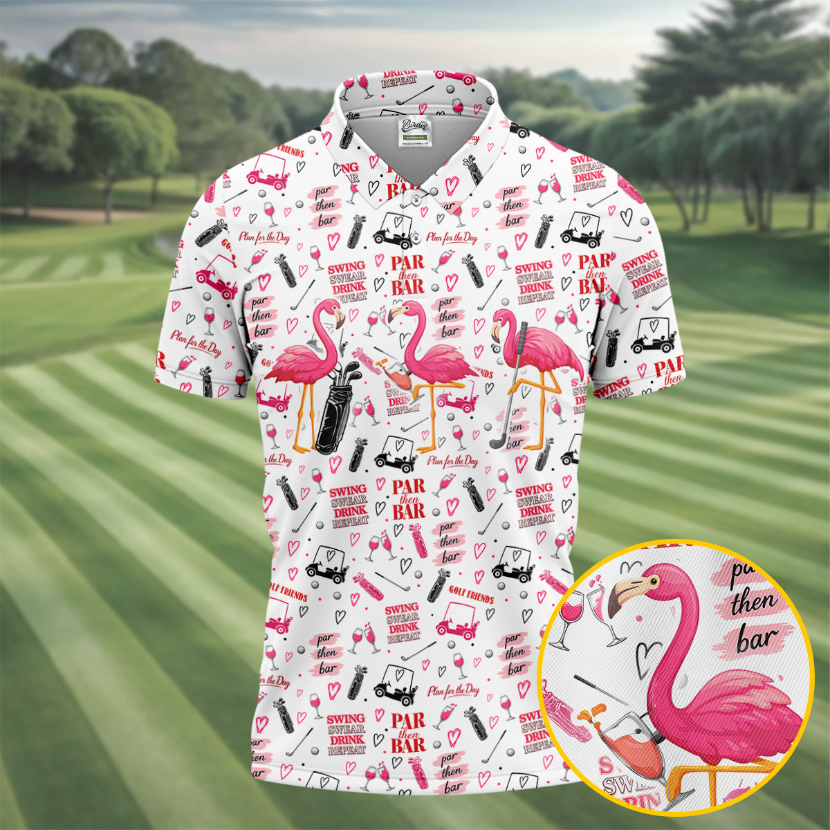 Par Then Bar Flamingo Golf Shirt, Tropical Party Polo Shirt Men, Golf Shirts For Men