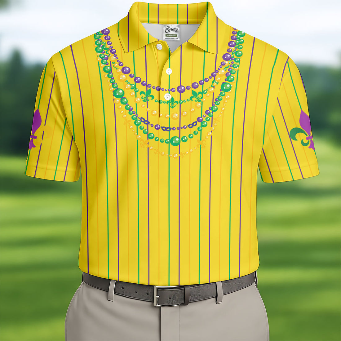 Mardi Gras Beads Necklaces Print Yellow Golf Shirt, Golf Tops For Men, Polo ShirtFor Men, Golf Shirts For Men