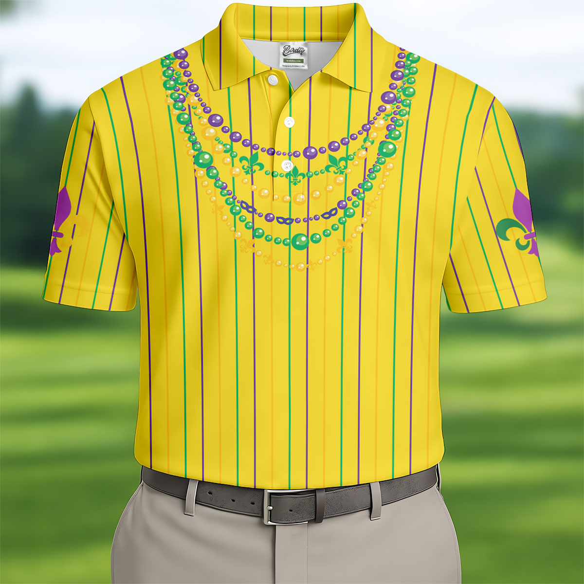 Mardi Gras Beads Necklaces Print Yellow Golf Shirt, Golf Tops For Men, Polo ShirtFor Men, Golf Shirts For Men