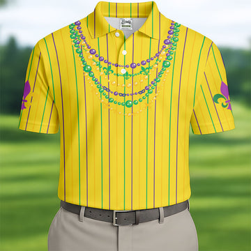 Mardi Gras Beads Necklaces Print Yellow Golf Shirt, Golf Tops For Men, Polo ShirtFor Men, Golf Shirts For Men